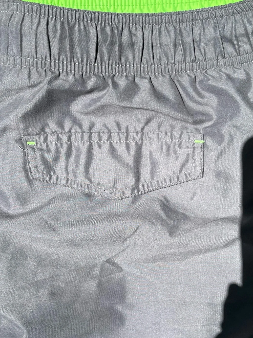 1 Gray Swim Trunks  M  with Neon Green Trim  1 Black Double-Buckle Slides 11/12